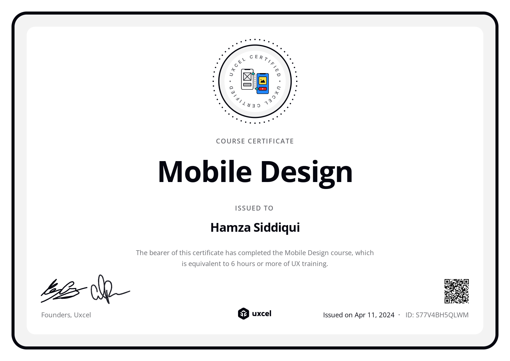 Hamza Siddiqui's certificate